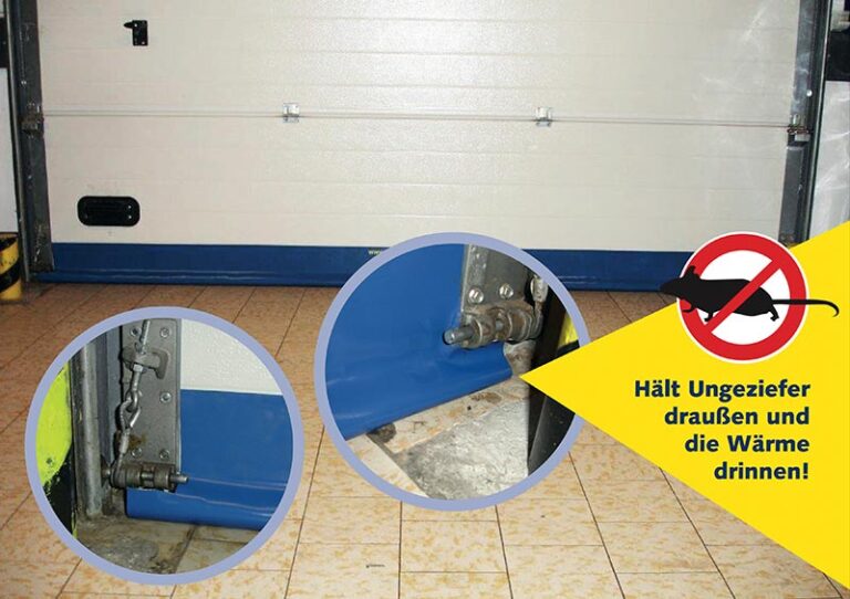 Warnhinweis: Bürstendichtungen lassen Ungeziefer durch, Spaltabdichtungen von eM-FLEX nicht. Illustrative Collage.